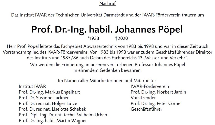 Nachruf Johannes Pöpel